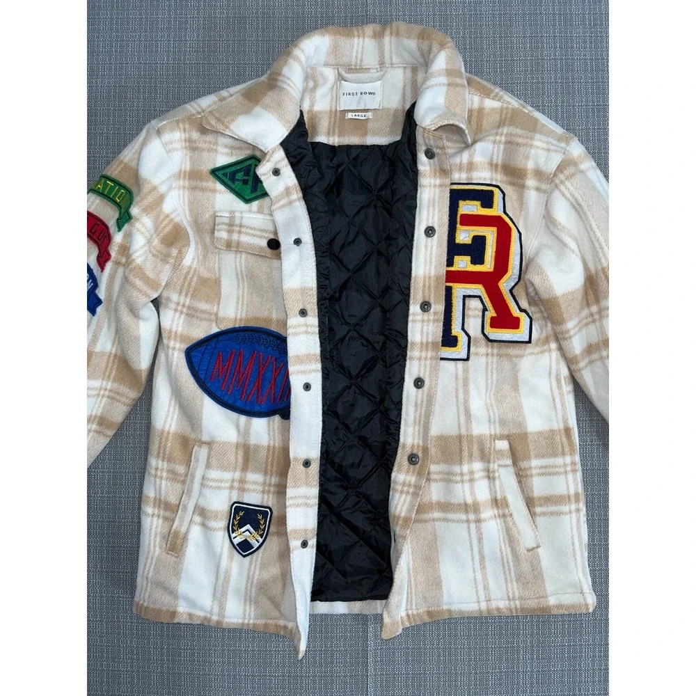 First Row Padding Shacket Mens Large Beige White Check Multi‎ Patches Wool Lined